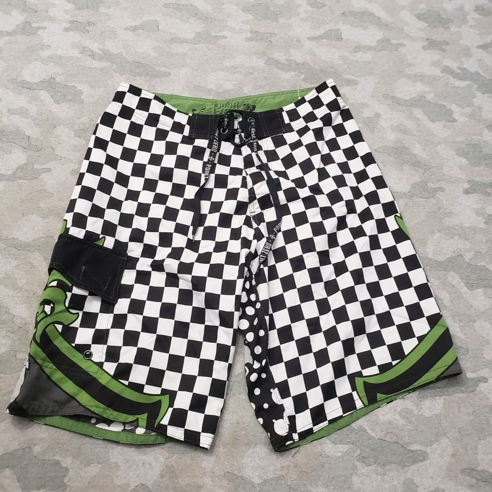 Point Zero Boardshorts Mens Small Black Check Pockets Drawstring‎ Swim Outdoors